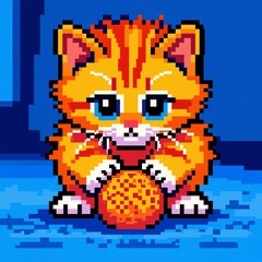 Obraz premium A cute pixel art orange tabby cat with bright blue eyes, holding a patterned ball against a vibrant blue background, evoking a nostalgic retro video game aesthetic