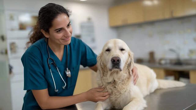 A warm-hearted veterinarian interacts with a golden retriever in a clinical setting, showcasing compassion and care in pet healthcare and the bond between animals and humans.
