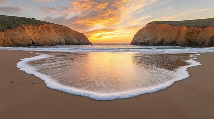 Dramatic sunset over a secluded beach with waves lapping the shore