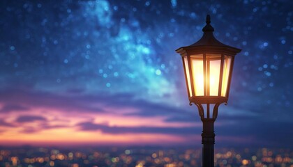 A glowing street lamp illuminates a dreamy night sky landscape.