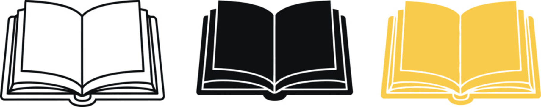 Three open book icons in line art, solid black, and solid yellow on a white background illustration