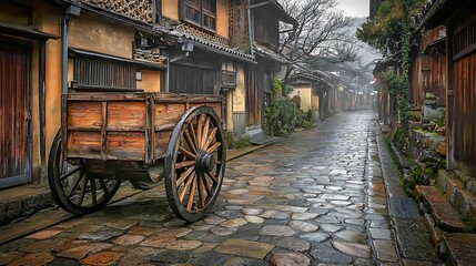 Obraz premium Traditional japanese street scene with wooden cart