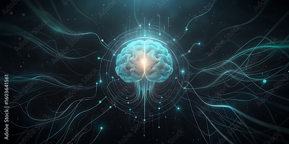 Poster luminous digital brain with glowing teal energy streams representing advanced ai and data processing