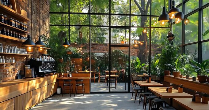 A modern cafe interior with wooden furniture, abundant plants, and large windows, creating a cozy and inviting atmosphere.