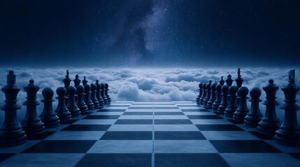 A surreal chessboard floating among clouds under a starry sky.