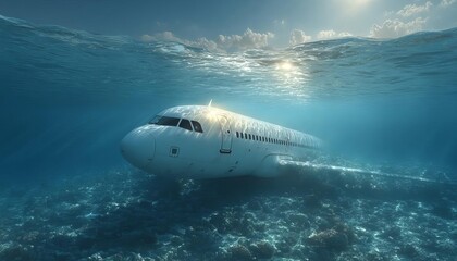 An airplane submerged underwater, surrounded by serene ocean waves.