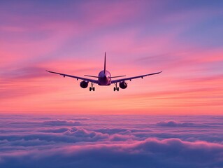 Naklejka premium Airplane flying above clouds during a beautiful sunset.