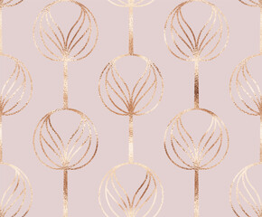 Art deco floral seamless pattern with gold fan leaves.