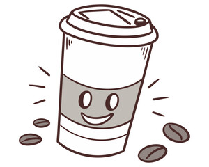 Happy coffee cup with coffee beans silhouette