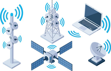 Illustration of communication technology including satellite tower and computer with waves