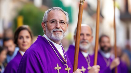 Obraz premium Young and old united in purple robes, holding wooden staffs in a religious ritual through Spanish cityscape