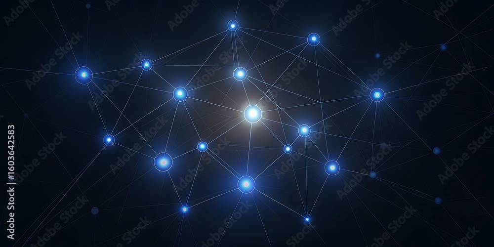 Poster complex network of interconnected glowing blue nodes and lines representing a digital network or ai.