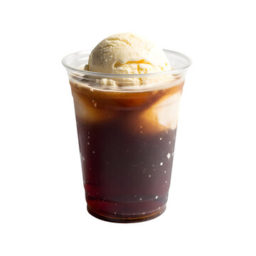 A root beer float served in a transparent plastic cup against a white backdrop