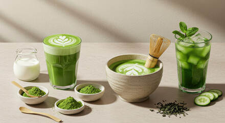 Matcha drinks composition with ingredients