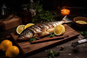 Grilled Whole Seabass with Lemon: Delicious Seafood Dinner on Wooden Board in Dark, Rustic Setting. Fine Dining Cuisine Image.