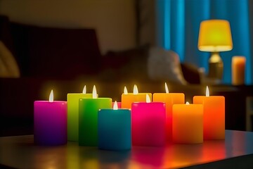 Colorful Candles Glowing on Table: Warm Ambiance, Home Decor, Relaxation, Interior Lighting, Vibrant Colors, Cozy Atmosphere, Still Life Photography