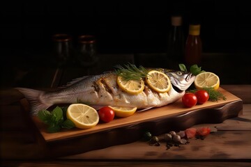 Grilled Dorado Fish with Lemon and Tomatoes: Delicious Seafood Meal on Wooden Board, Culinary Still Life Photography
