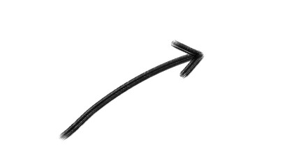 Curved black hand drawn arrow pointing upward on transparent background for direction, highlights, and sketch-style design elements