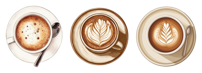 Illustration of three coffee cups, top view, isolated on white background