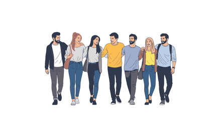 Obraz premium Diverse group of friends walking together, smiling and laughing with arms around each other