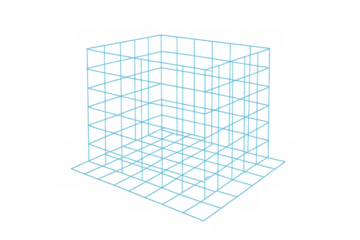 Blue wireframe cube structure forming a complex three-dimensional grid on a transparent background, ideal for technology, engineering, or architectural concepts