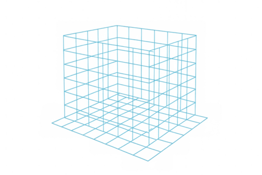 Blue wireframe cube structure forming a complex three-dimensional grid on a transparent background, ideal for technology, engineering, or architectural concepts