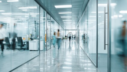 Fototapeta premium Modern, busy corridor with glass walls