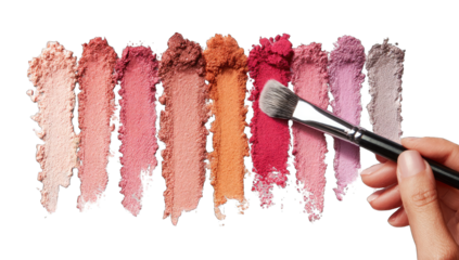 Close-up of a hand holding a makeup brush over a palette of blush and eyeshadow colors