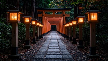 Obraz premium Autumnal path through a Japanese torii gate