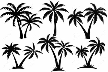 Vector  illustration of several palm trees in black silhouette against a white background in a tropical style