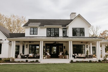 Obraz premium Modern farmhouse with large porch in a tranquil suburban setting, inviting outdoor seating perfect for relaxing and enjoying nature