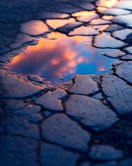 Sunset Sky Reflection in Cracked Asphalt Puddle