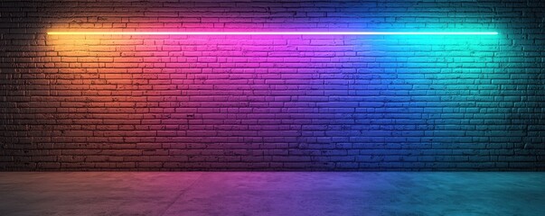 A dimly lit brick wall with vibrant neon lights in warm orange and cool blue hues, creating a colorful gradient and reflection on the concrete floor.