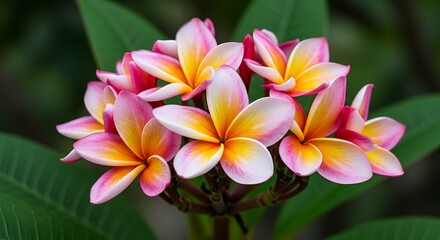 Naklejka premium A cluster of vibrant plumeria flowers, showcasing a blend of pink, white, and yellow hues, surrounded by lush green leaves.