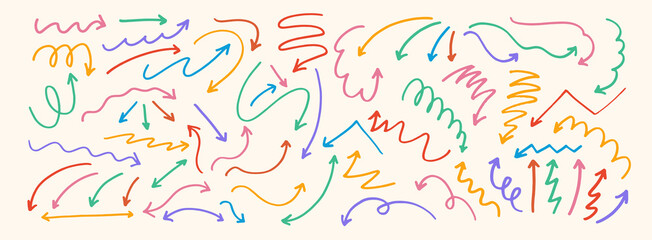 Obraz premium Set of hand drawn arrows. Sketch marker texture line scribble arrow icon. White curvy symbols. 