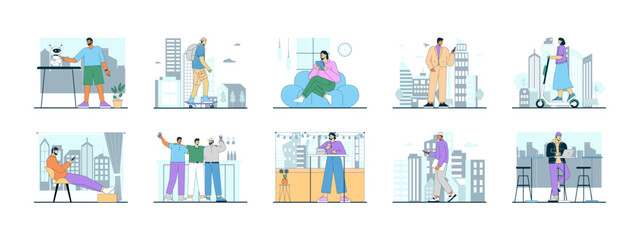 Modern urban life illustrations set. Flat vector illustration.