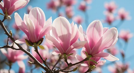 Obraz premium Close-up of blooming magnolia flowers with delicate pink petals against a bright blue sky, showcasing the beauty of springtime.