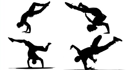 Obraz premium Four stylized black silhouettes of breakdancers in dynamic poses against a white background. Each figure demonstrates acrobatic moves, including handstands, cartwheels, and back flips