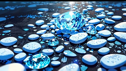 Blue diamonds on a dark background. 3d rendering. Computer digital drawing.