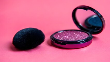 Pink Glitter Eyeshadow with Brush on Pink Background
