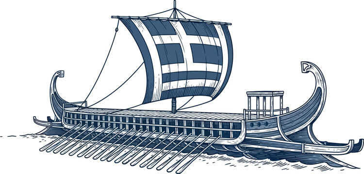 Illustration of a trireme with greek flag sail and oars in the water on a white background