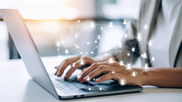 Businesswoman Working On Laptop With Digitally Connected Network Over Hands Against White Background