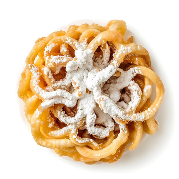 Golden funnel cake topped with powdered sugar, presented on a white background.
