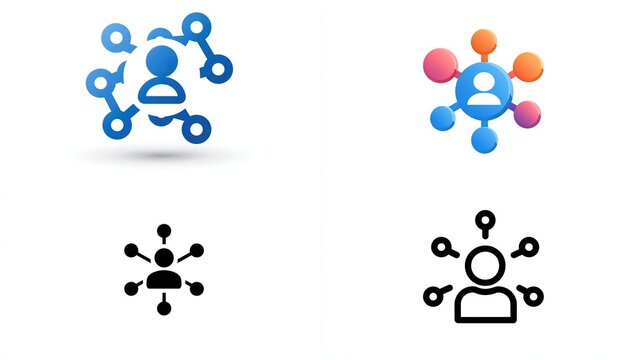 Network connection icons four variations of a person connected to multiple nodes, illustrating networking, relationships, communication, and social interactions. 