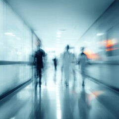 Blurred hospital hallway with people rushing
