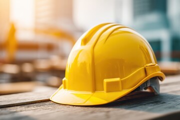 A yellow safety helmet rests on a wooden surface at a construction site with a blurred urban background in sunlight