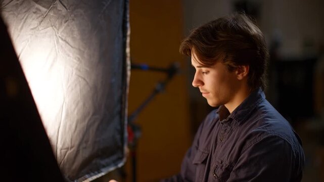 A young man is deeply focused on a computer screen, illuminated softly by diffused light, capturing the essence of creativity and concentration in a modern workspace.