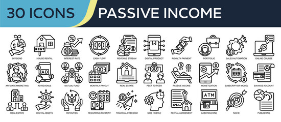 Collection of Passive Income icons, related to cash flow, revenue stream, mutual funds, royalties, financial freedom and more. Outline icons vector illustation.
