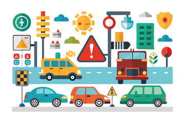 Cartoon Cityscape with Colorful Vehicles and Whimsical Landmarks Creating a Playful and Vibrant Urban Illustration with a Flat Design