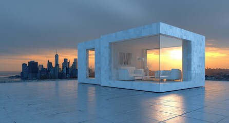 Modern rooftop pavilion with city view at sunrise